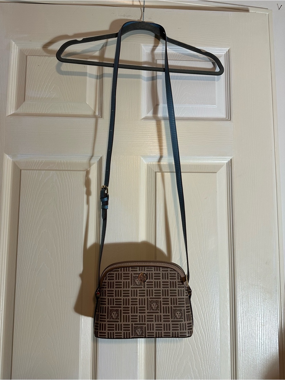 Anne Klein Brown Monogram Crossbody Bag with Black Strap